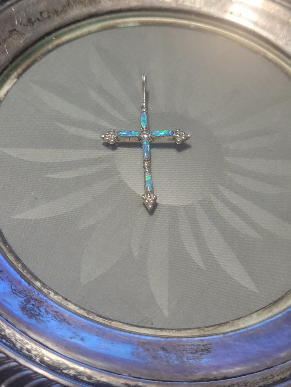 Opal Cross Sterling Silver Pendant Necklace - Blue Opal Accent